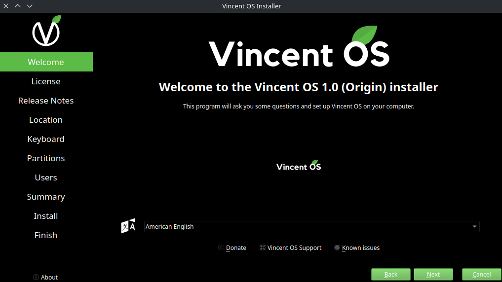 Vincent OS Installer Welcome Screen
